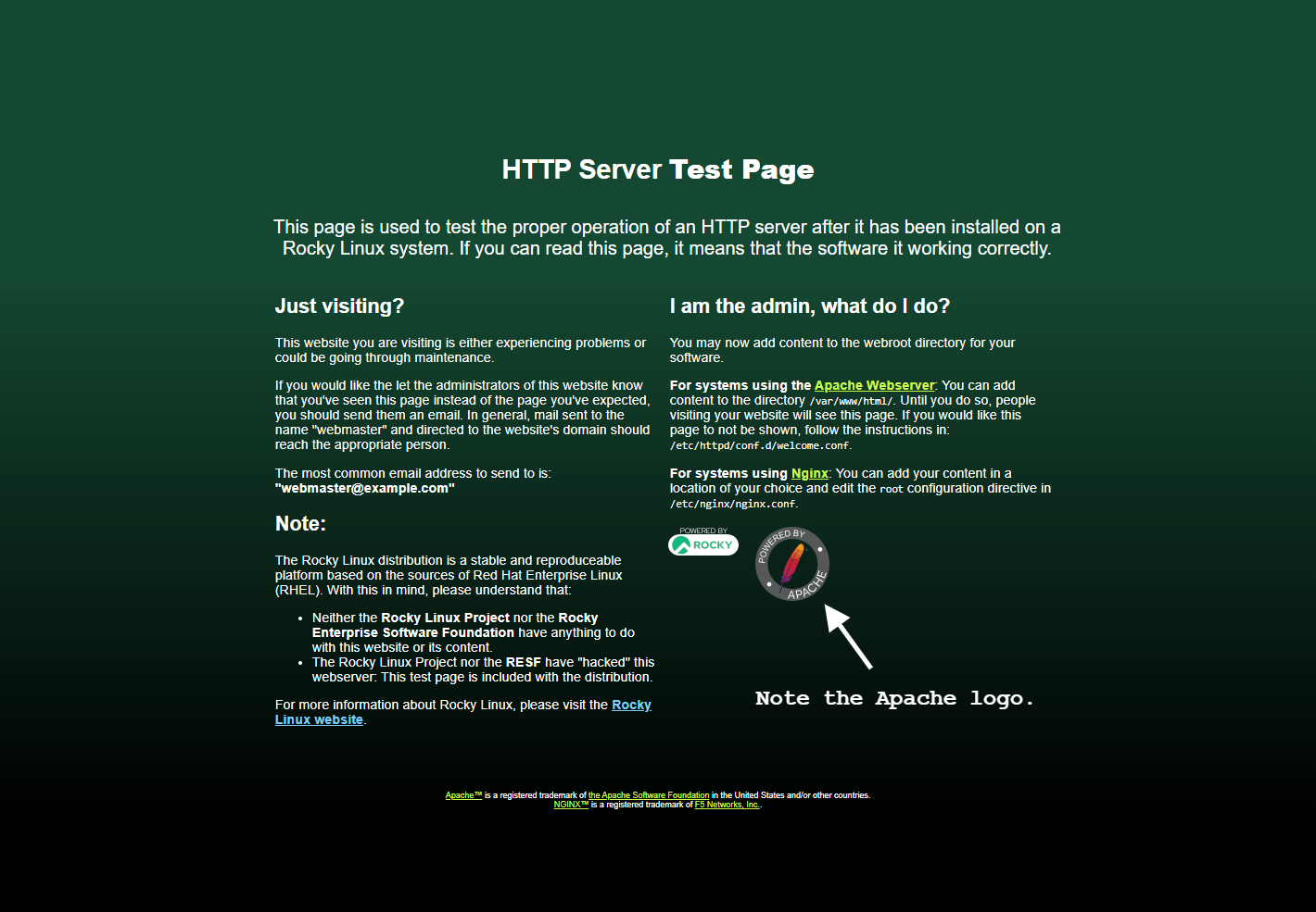 A screenshot of the default Rocky Linux Apache welcome page